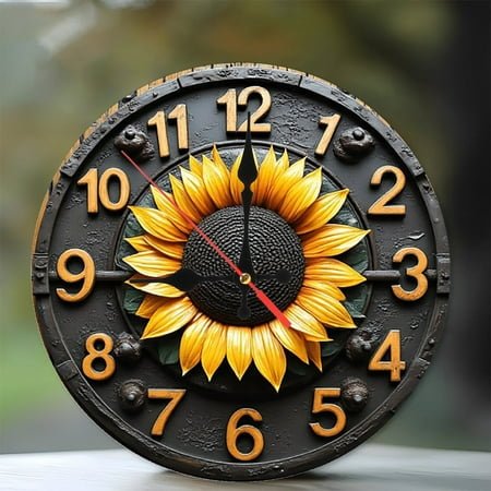 Sunflower Metal Wall Clock Farmhouse Decor 10-Inch Silent Wooden Wall Clock, Battery Operated (AA Batteries Not Included), Artistic Home Decor