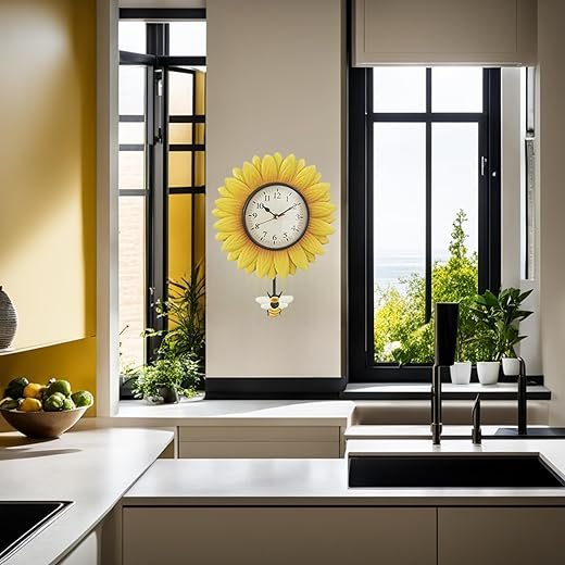 Sunflower Pendulum Wall Clock with Bee Design