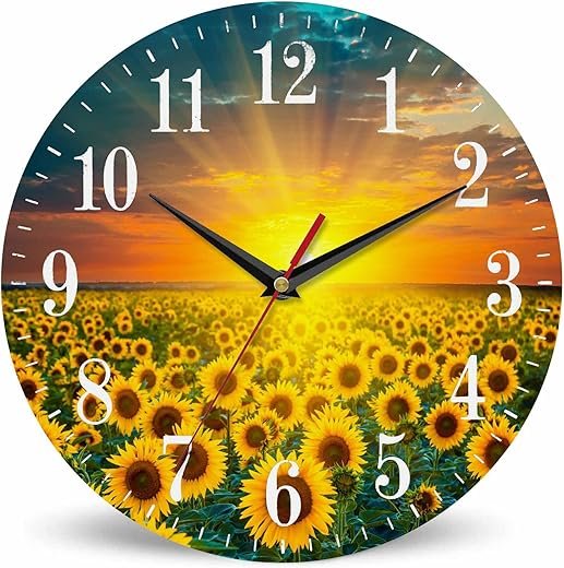 Sunflowers Field Wall Clock Sunrise Golden Yellow Sunflower Blooming Bright Sunlight 10 Inch Silent Non Ticking Battery Operated clock Vintage Round clock for living room Bedroom Bathroom decor