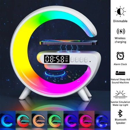 Light Alarm Clock Sunrise, Alarm Lvm Smart Atmosphere Light Bluetooth Speaker with 15W Wireless Fast Charging, Led Display Night Light Suitable for Bedside Dormitory Office(White)