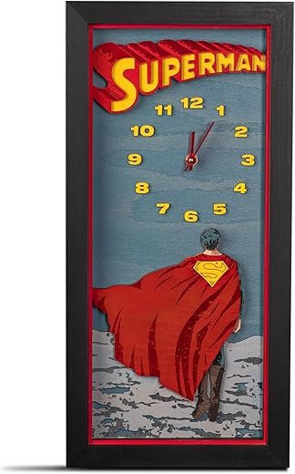 Superman 3D Wall Clock - Unique Collectible Wooden Clock, Silent Large Modern Rustic Decorative Home Decor for DC Fans (Coffee Brown, M)