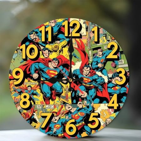 Superman Comic Clock Wall Decor 10-Inch Silent Wooden Wall Clock, Battery Operated (AA Batteries Not Included), Artistic Home Decor