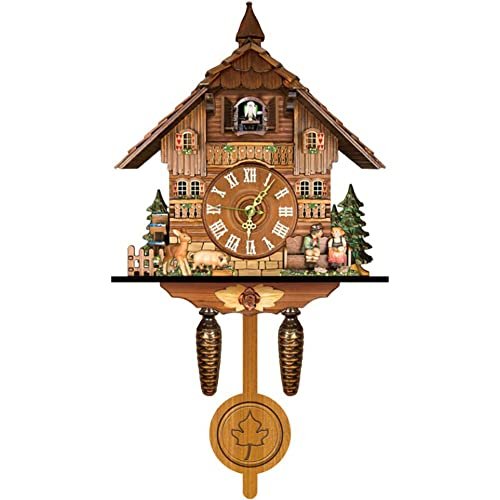 Surakey Elegant, Traditional, Decorative, Wooden Painted Modern Wall Clock Cuckoo Clock Bird NowTime Hanging Clock Display Handmade Decoration Swinging Pendulum for New Room Office, Type 1