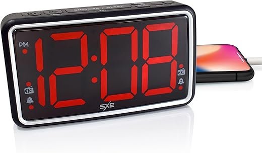 SXE Westclox Digital LED Alarm Clock Radio for Bedroom, 2.5 Extra Large Display, Dual Alarms, USB Charging Port, (Black)
