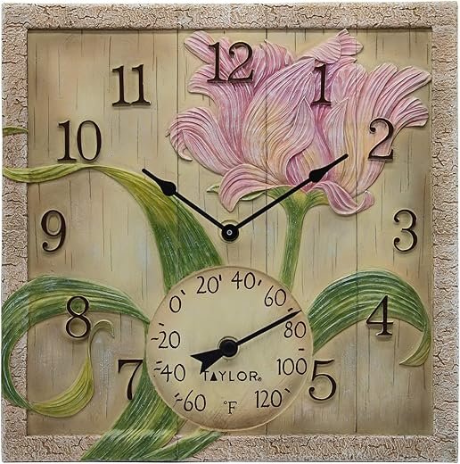 Taylor Beachwood Poly Resin Indoor and Outdoor Clock and Thermometer, Home Decor for Garden, Patio, Pool, and Indoor Areas, 14x14-inch, Pink
