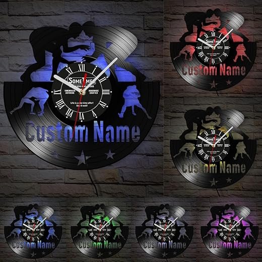 The Geeky Days 12'' Wrestling Vinyl Record Wall Clock Custom Wrestler Name, 7 Kinds of LED Color Fighting Sports Clock Silent Non Ticking Wall Watch Clock Great Decor for Man Cave Wrestling Lovers