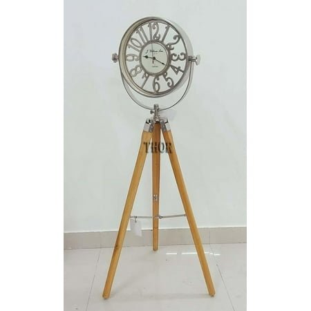 THOR INSTRUMENTS Nautical Round Maritime Frame Clock with Black Tripod Clock Marine Clock Maritime Vintage Clock Nautical Wooden Bedroom Decor