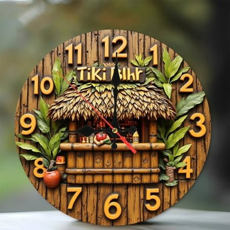 Tiki Bar Clock Wall Clock Unique Decor Home Decor 10-Inch Silent Wooden Wall Clock, Battery Operated (AA Batteries Not Included), Artistic Home Decor