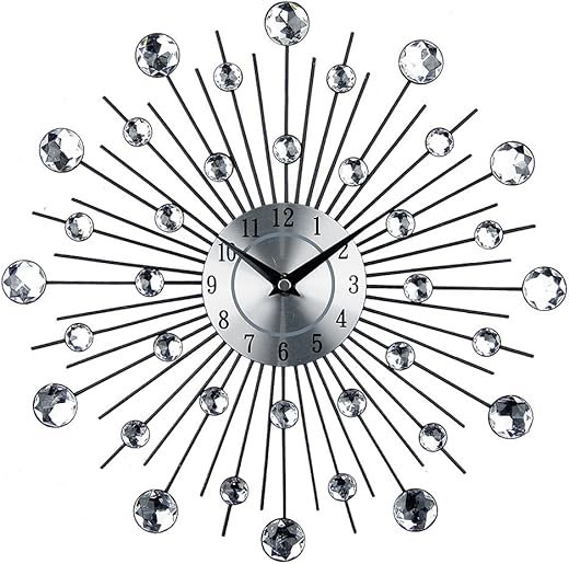 Timelike 3D Crystal Wall Clock - Celebration Decorative Metal, Sparkling Bling Diamond-Studded Silver Wall Decor for Kitchen, Living Room, Bedroom