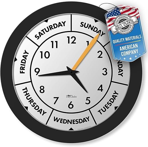 Time & Week-Day Wall Clock with Solid Plastic Frame – Weekly Analog Clock with Days, Hours & Minutes – Quiet Wall Mounted Clock - Ideal Retirement Gift for Men & Women, Black, 12"