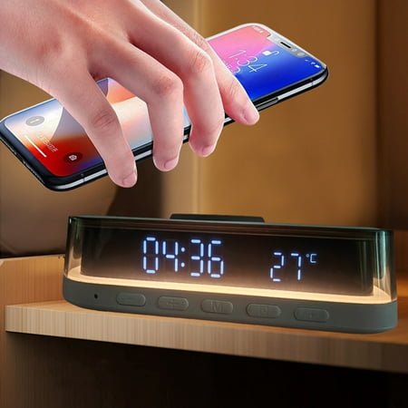 Todaioua 4-in-1 Wireless Charging Alarm Clock with LED Night Light, Temperature Display & USB Charging, 15W Wireless Charger for iPhone & Android