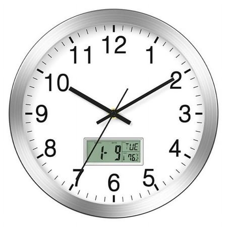 TOP! 12Inch Wall Clock with Digital Date, Week, Indoor Temp - Battery Operated Clock,Silver Brushed , Easy to Read