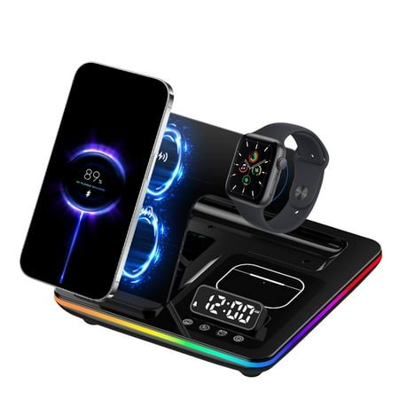TOPRenddon Smart 3 in 1 Wireless Charger Alarm Clock, Digital with LED Display, 15w Fast Charging Station Compatible with iPhone, Smartwatch, Earphones