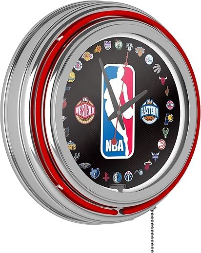 Trademark Global Neon Clock - Retro NBA NBA Logo with All Teams Analog Wall Clock with Pull Chain - for Kitchen, Garage, Game Room, or Home Bar