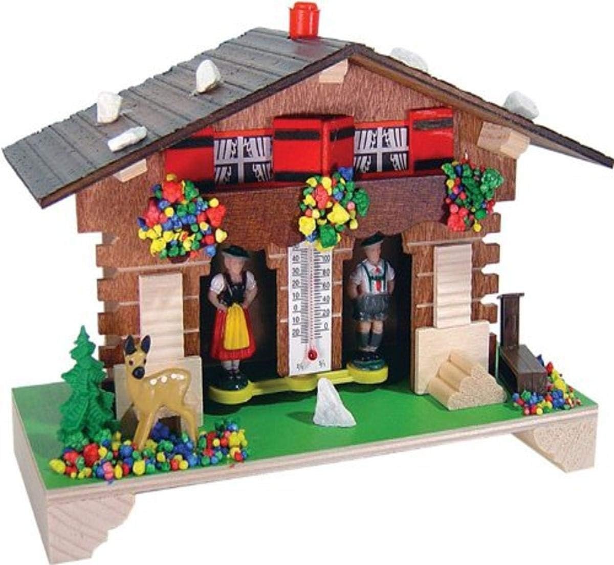 Traditional German Weatherhouse with Deer and Thermometer - 6 Inches Tall - Model # 1020T-06, Black