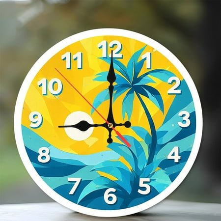 Tropical Beach Palm Tree Wall Clock 10-Inch Silent Wooden Wall Clock, Battery Operated (AA Batteries Not Included), Artistic Home Decor