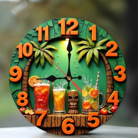 Tropical Cocktail Wall Clock， Tiki Bar Decor， Summer Drinks， Orange Clock 10-Inch Silent Wooden Wall Clock, Battery Operated (AA Batteries Not Included), Artistic Home Decor