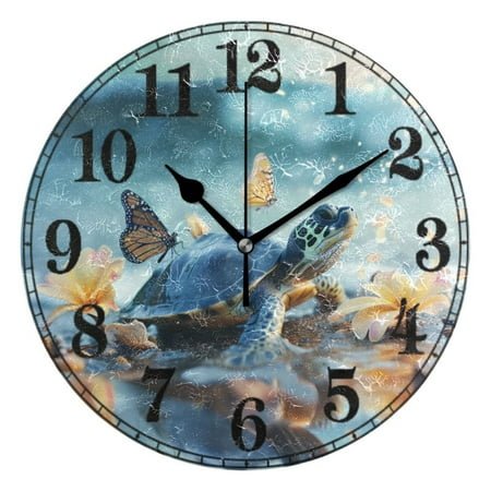 Turtle Butterfly Floral on Water 10 Silent Wall Clock Non-Ticking Battery Clocks
