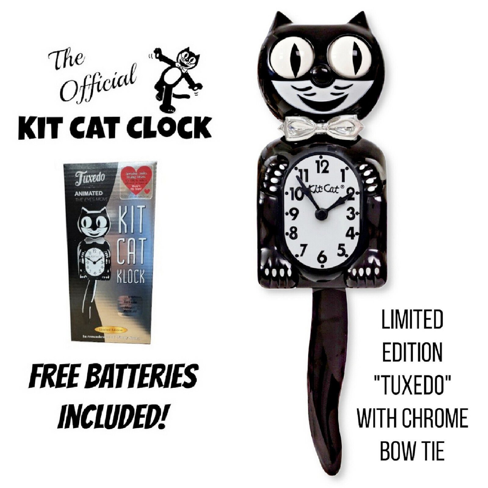 TUXEDO KIT CAT CLOCK 15.5" Limited Edition Free Battery USA MADE Kit-Cat Klock