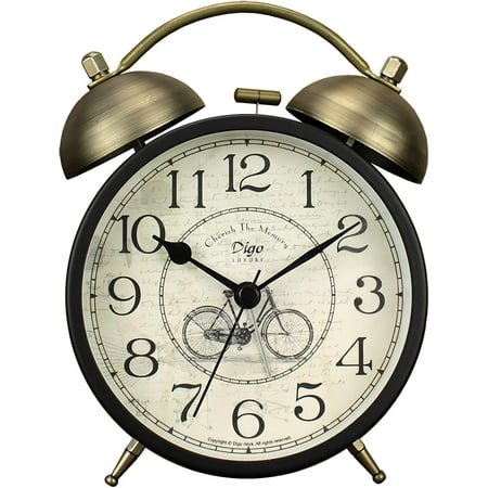 Twin Bell Alarm Clock, Retro Analog Alarm Clock Silent Non-Ticking Quartz with Nigh Light, Small Desk Clock for Bedside Table, Battery Operated (Bike)