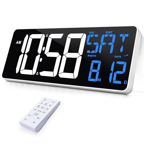 TXL 13 Inch Large Digital Wall Clock with Remote Control, 9 Color Night Light LED Desk Clock Digital with DST/Calendar/Temperature/Timer Function, Auto Dimmer, for Classroom, Living Room (White+Blue)