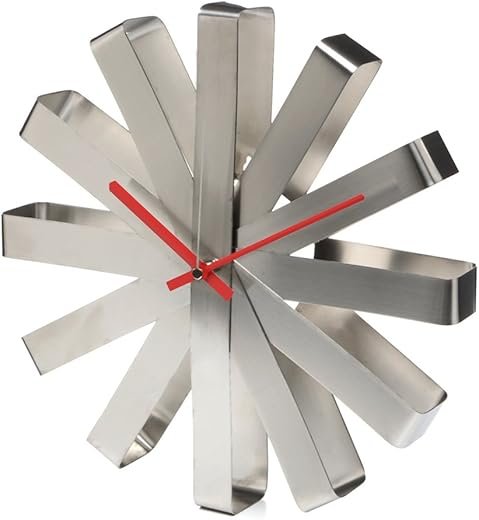 Umbra, Stainless Steel Ribbon Modern 12-inch, Battery Operated Quartz Movement, Silent Non Ticking Wall Clock