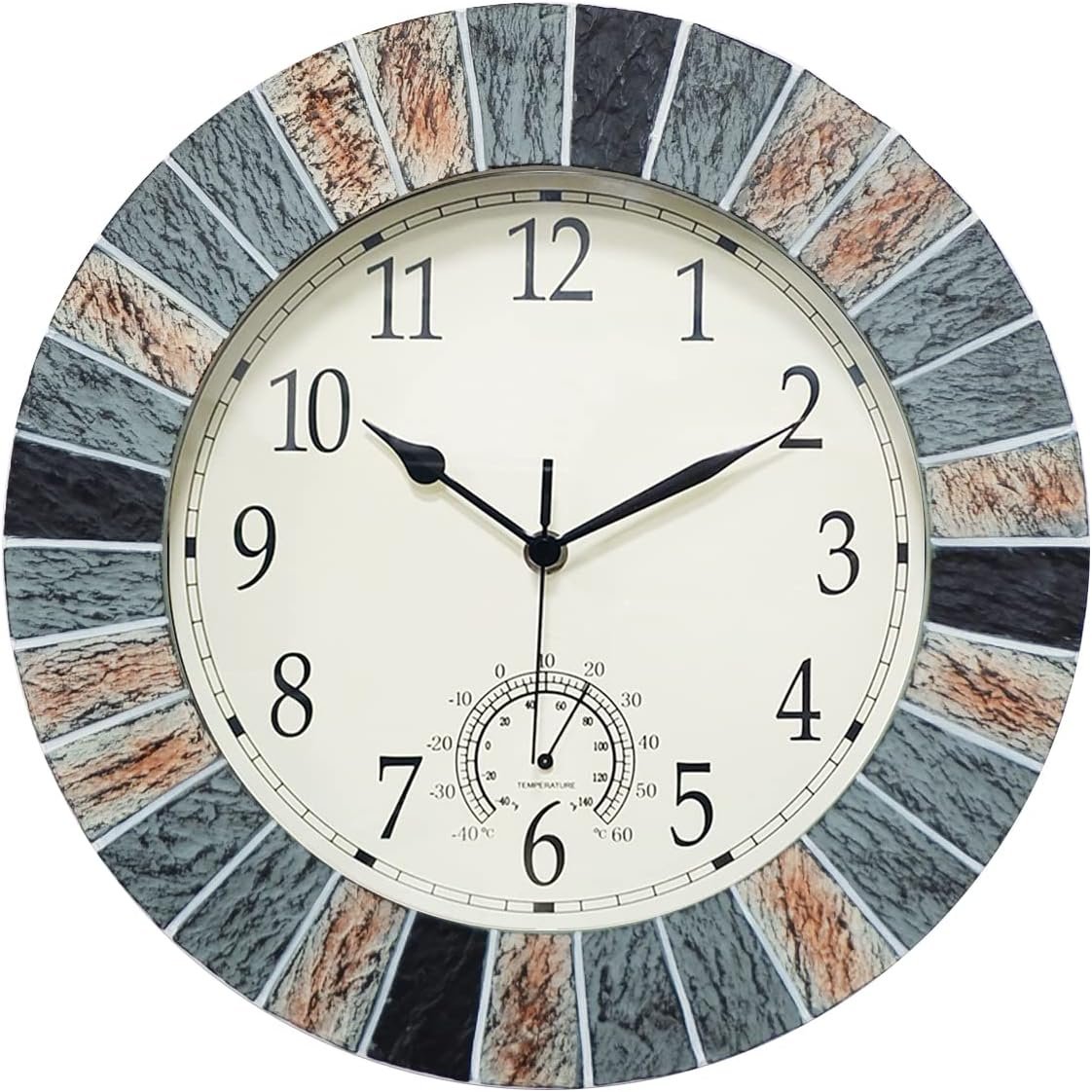 UMEXUS Outdoor Clock with Thermometer, 13 Inch Retro Large Waterproof Wall Clocks Indoor Silent Non-Ticking Battery Operated Weatherproof Decor for Garden Kitchen Bathroom