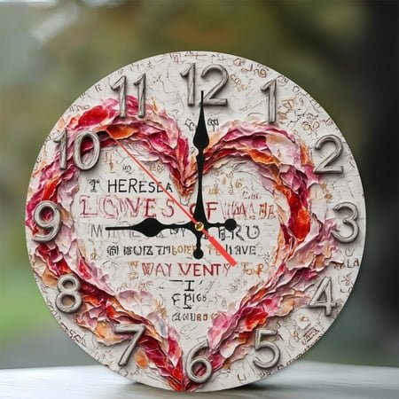 Unique Handmade Heart Shaped Wall Clock Textured Art Home Decor 10-Inch Silent Wooden Wall Clock, Battery Operated (AA Batteries Not Included), Artistic Home Decor