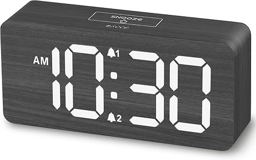 uscce Wooden Digital Alarm Clocks for Bedrooms: Dimmable Dual Alarm Clock with Large Numbers for Bedside Desk - Gray