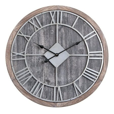 Utopia Alley Oversize Roman Round Wall Clock, Gray Wood Finish, 28 Diameter