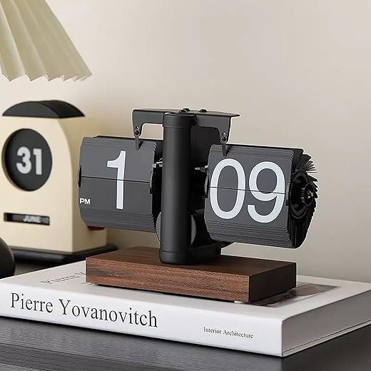 VBESTLIFE Retro Digital Flip Down Clock, Battery Powered Internal Gear Operated Clock, Classic Mechanical, Black Walnut Base, for Home & Office Decor(Black)
