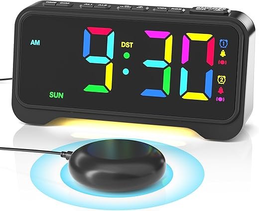 Vibrating Alarm Clock for Heavy Sleepers, Digital Alarm Clock with Bed Shaker, RGB Colorful Changing, Night Light, USB Charger, Dimmable Loud Bedside Desk Clock for kids, Hearing Impaired Deaf, Adults