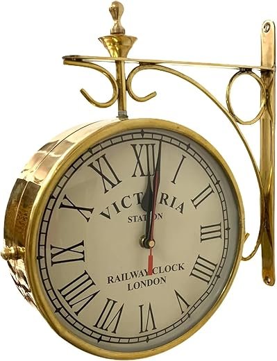 Victoria Brass Handmade Station Clock - Double Sided Round Wall Mounted Clock - Antique Brass Polish Finish - Perfect Home Décor, Black