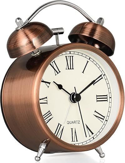 Vintage Alarm Clock, Non-Ticking, Silence Bedside Alarm with Two Bells, Small Retro Alarm Clock for Heavy Sleepers, Gift, Battery-Operated Quartz Alarm, Gold