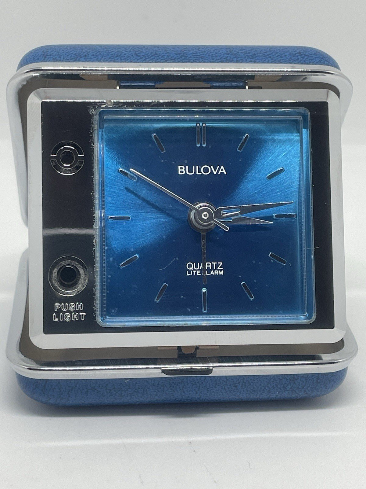 Vintage Blue Bulova Quartz Lite Alarm Clock Travel Size Light Works Also
