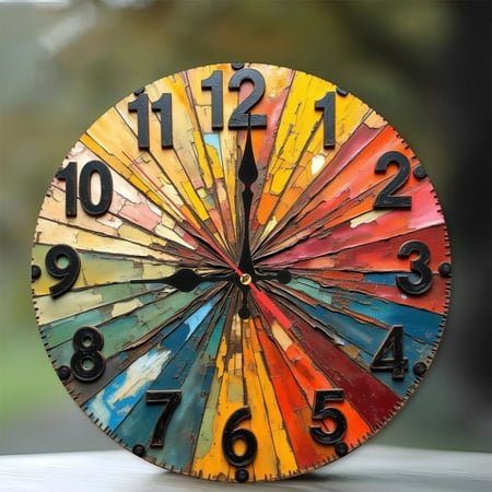Vintage Colorful Sunburst Wall Clock Decor 10-Inch Silent Wooden Wall Clock, Battery Operated (AA Batteries Not Included), Artistic Home Decor