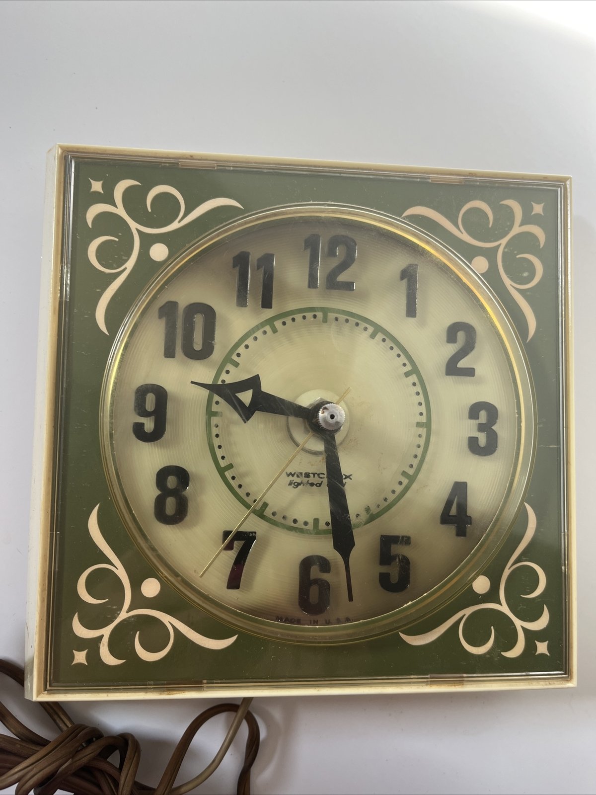 Vintage Electric Wall Clock Green Lighted Dial Westclox Square Works