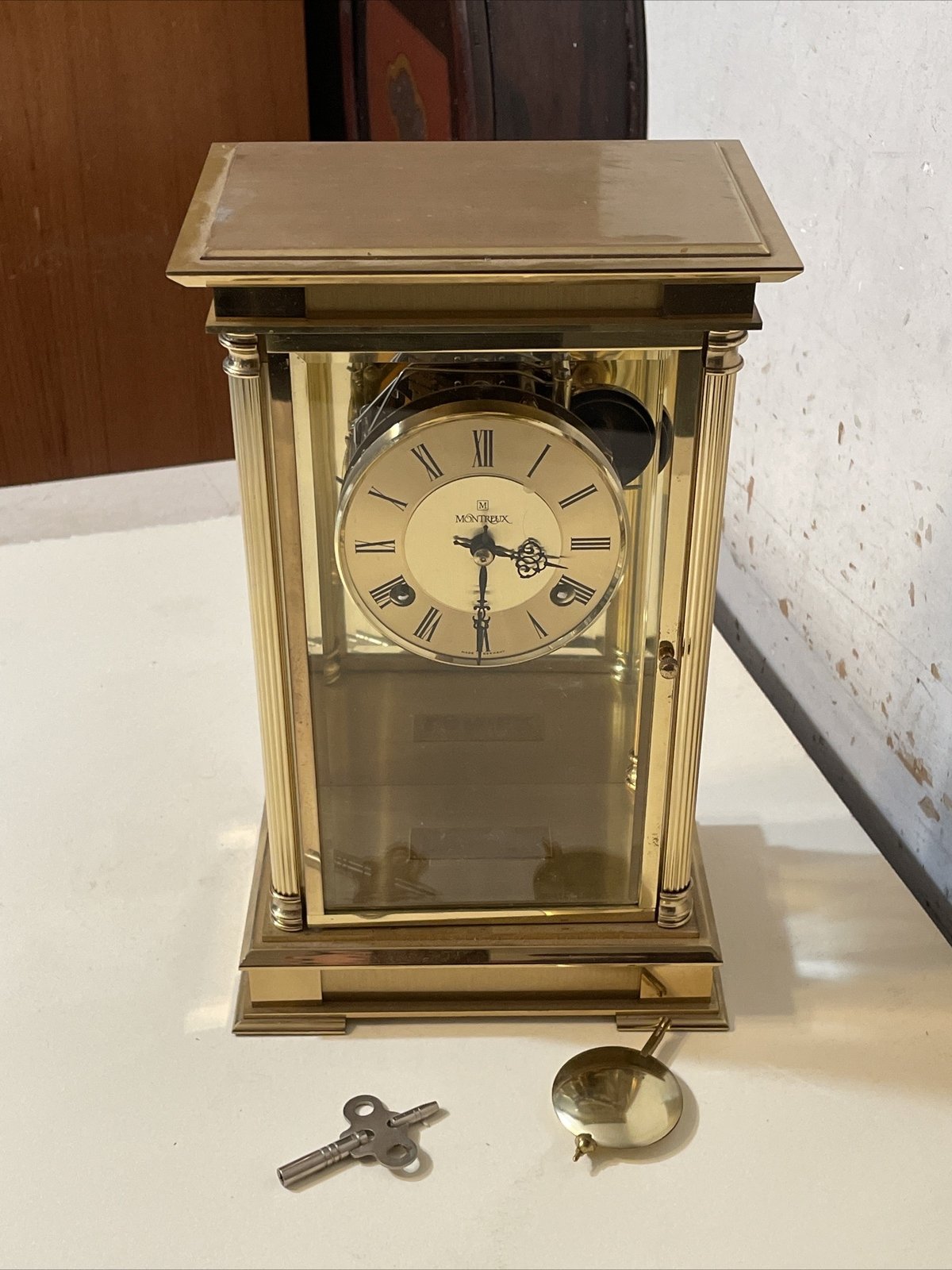 Vintage Hermle Montreux Crystal Regulator Clock 2 Bell Chime Brass & Glass