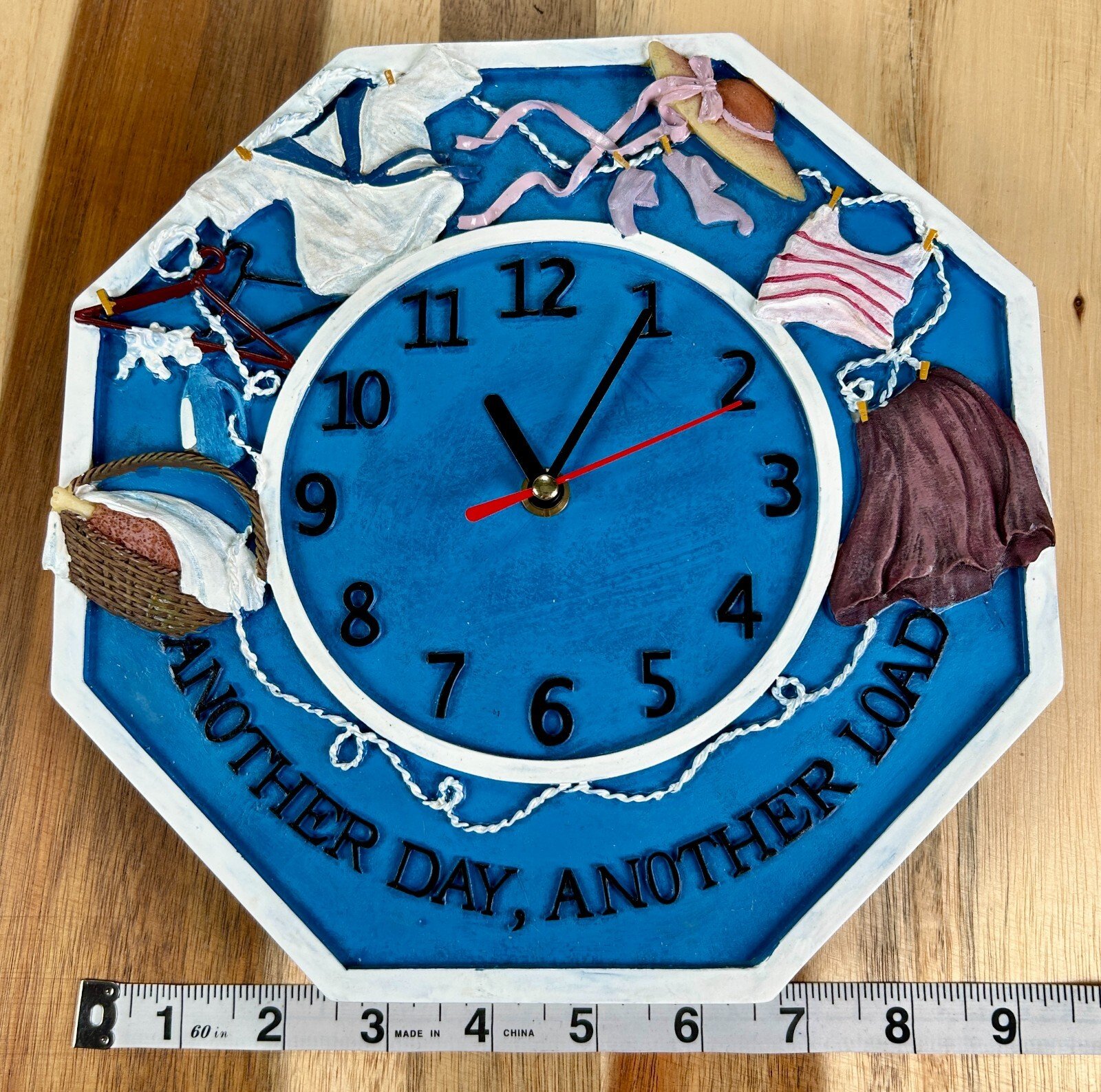 Vintage Laundry Room Themed Octagonal Wall Clock Blue Battery Operated New K8400