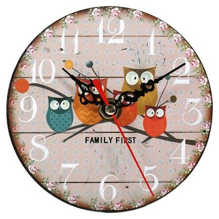 Vintage Owl Pattern Wooden Wall Clock, Antique Style Round Decor for Home and Office - #7