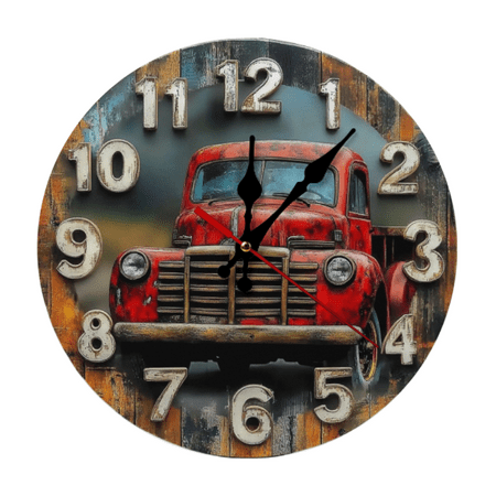 Vintage Red Truck Design Aluminum Wall Clock - Rustic 2D Flat Decorative Plaque With Detailed Engine & Front View, Numbered Numbers, Classic Home Or Office Decor- Battery Not Included