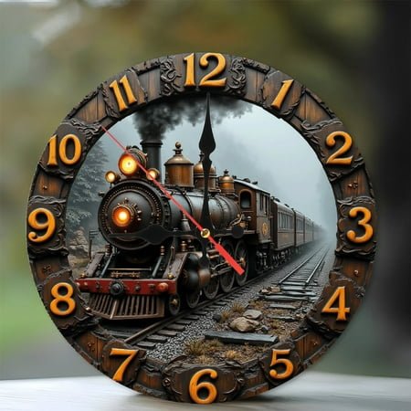 Vintage Steam Train Clock Wall Decor 10-Inch Silent Wooden Wall Clock, Battery Operated (AA Batteries Not Included), Artistic Home Decor