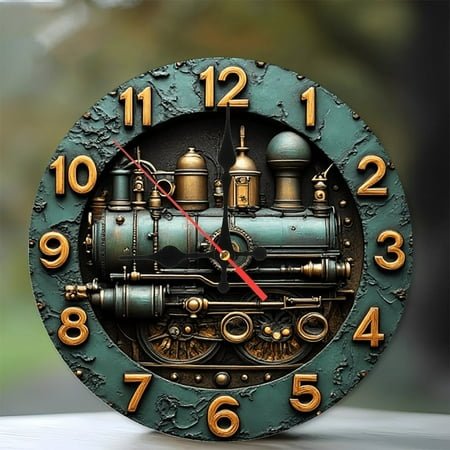 Vintage Steam Train Locomotive Wall Clock 10-Inch Silent Wooden Wall Clock, Battery Operated (AA Batteries Not Included), Artistic Home Decor