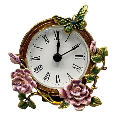 Vintage Styles Small Analog Clock Battery Operated Metal Desk Clock with Floral Butterfly Pattern for Shelf or Bedside