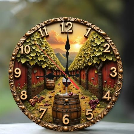 Vintage Vineyard Wine Barrel Wall Clock 10-Inch Silent Wooden Wall Clock, Battery Operated (AA Batteries Not Included), Artistic Home Decor