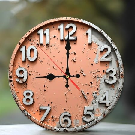 Vintage Wall Clock Distressed Peach Metal Numbers 10-Inch Silent Wooden Wall Clock, Battery Operated (AA Batteries Not Included), Artistic Home Decor