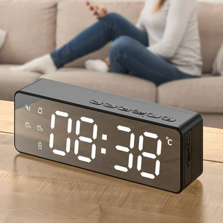 Visland Mirror Alarm Clock Radio with 5 0 Heavy Bass Mini Wireless Sound Box Bluetooth Speaker Charging Station Phone Chargers with USB port for iPhone and Tablets