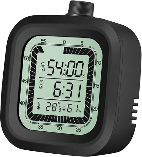 Visual Timer for Kids with Alarm Clock Countdown Count-up 1-60 Minutes Kitchen Timer Student Bathroom Shower Clock Training Timer with Digital Thermometer Hygrometer Black