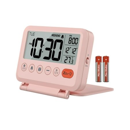 VOCOO Digital Travel Alarm Clock, Bedside LCD Clock with Date Temperature Snooze Backlight 12/24H Weekend Mode and 2 Volumes, Folding Desk Clock for Kids Office Bedroom, Battery Included, White
