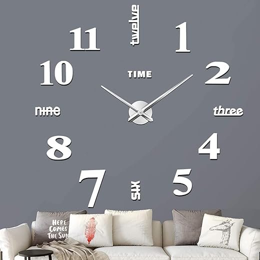 VREAONE Frameless DIY Wall Clock,Large Modern 3D Mirror Wall Clock Decor Sticker Clock kit for Home Living Room Bedroom Office Wall Decorations(Silver)